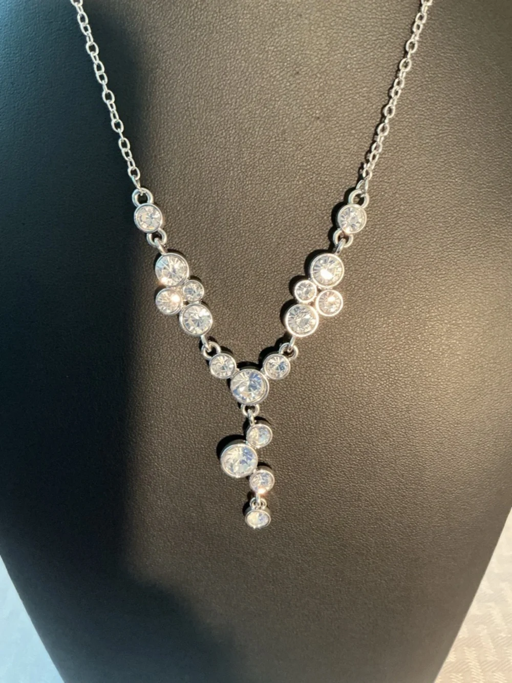 Rhinestone “Y” Cluster Silver Tone Necklace